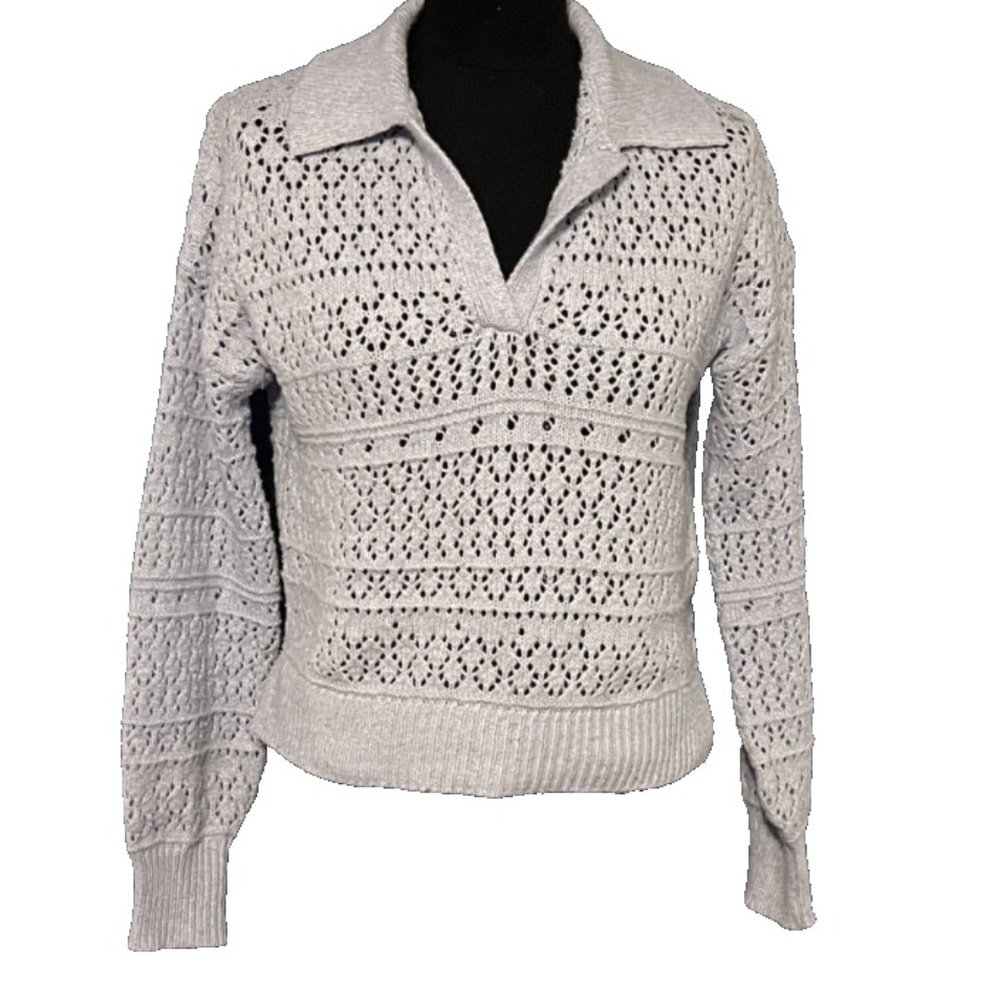 Crocheted Cropped Sweater Open Weave Blue London Kaye M